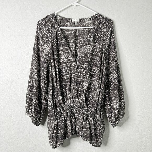 Joie Louvre Silk Blouse Women’s Large Gray Abstract Surplice Peplum Top - Picture 1 of 10